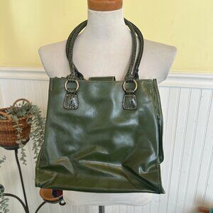 Green Faux Leather Tote Bag With Dual Handles & Zippered Interior Pockets